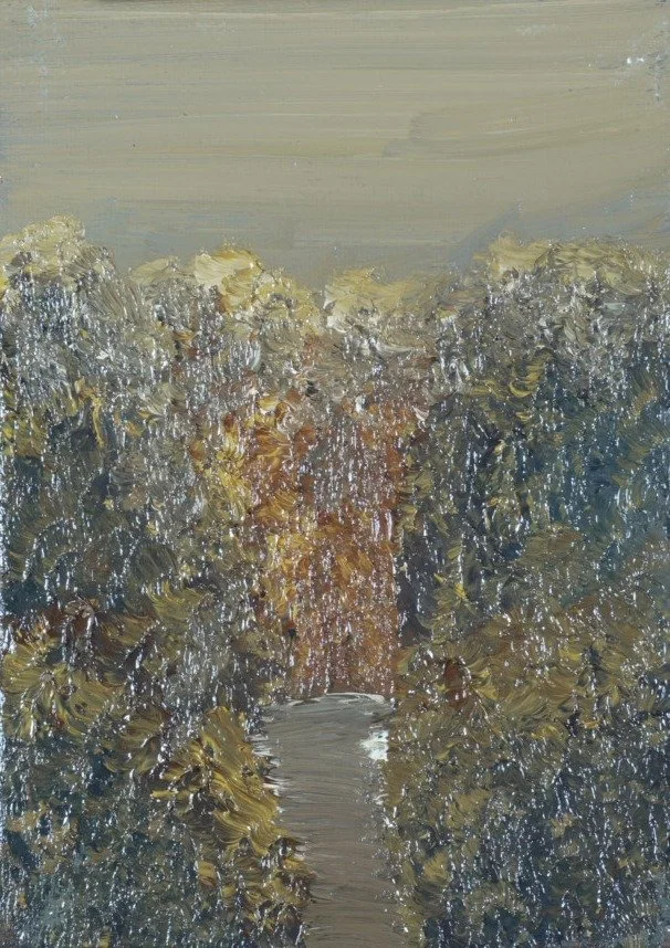 Original impasto oil painting of a narrow path leading into an autumn forest glowing copper and gold under a hazy sky