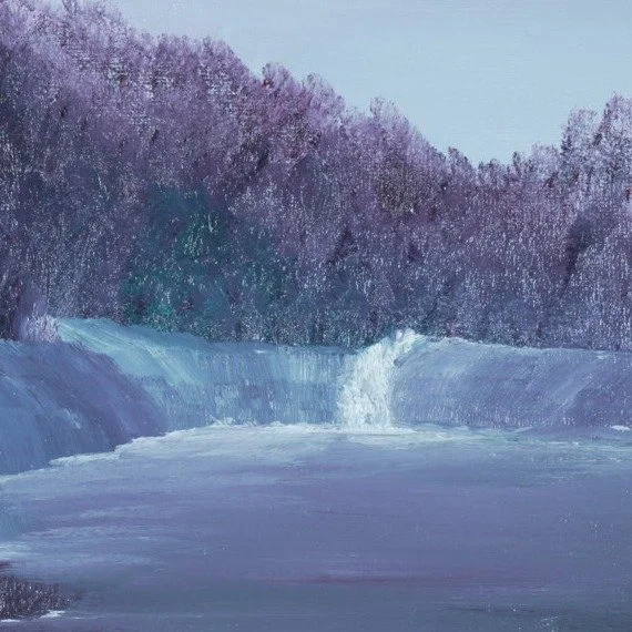 Close-up of textured violet forest and white falls in Lavender Falls