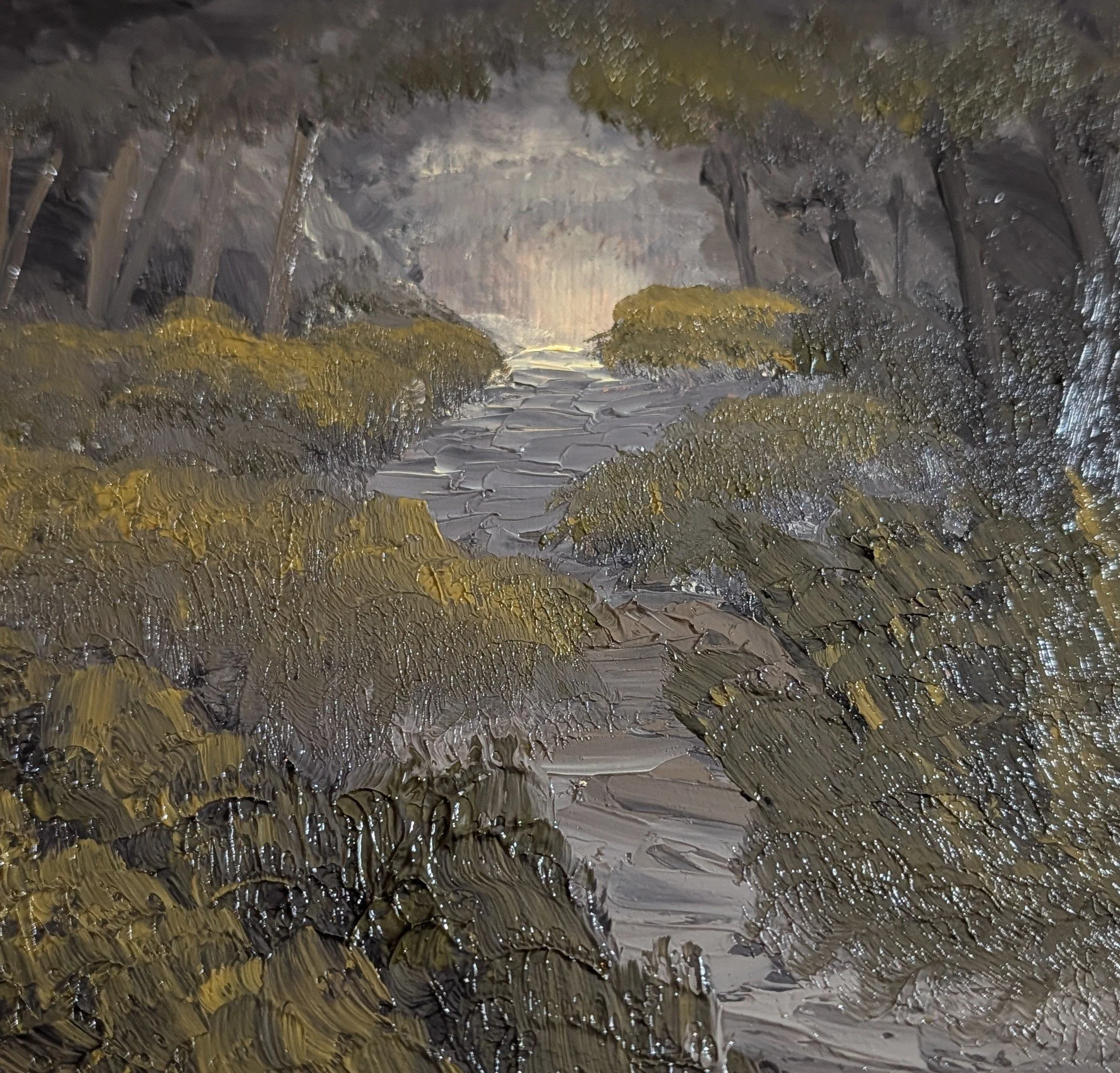 An impressionistic painting of a forest path flanked by moss-covered bushes and tall trees, with sunlight peeking through in the background.