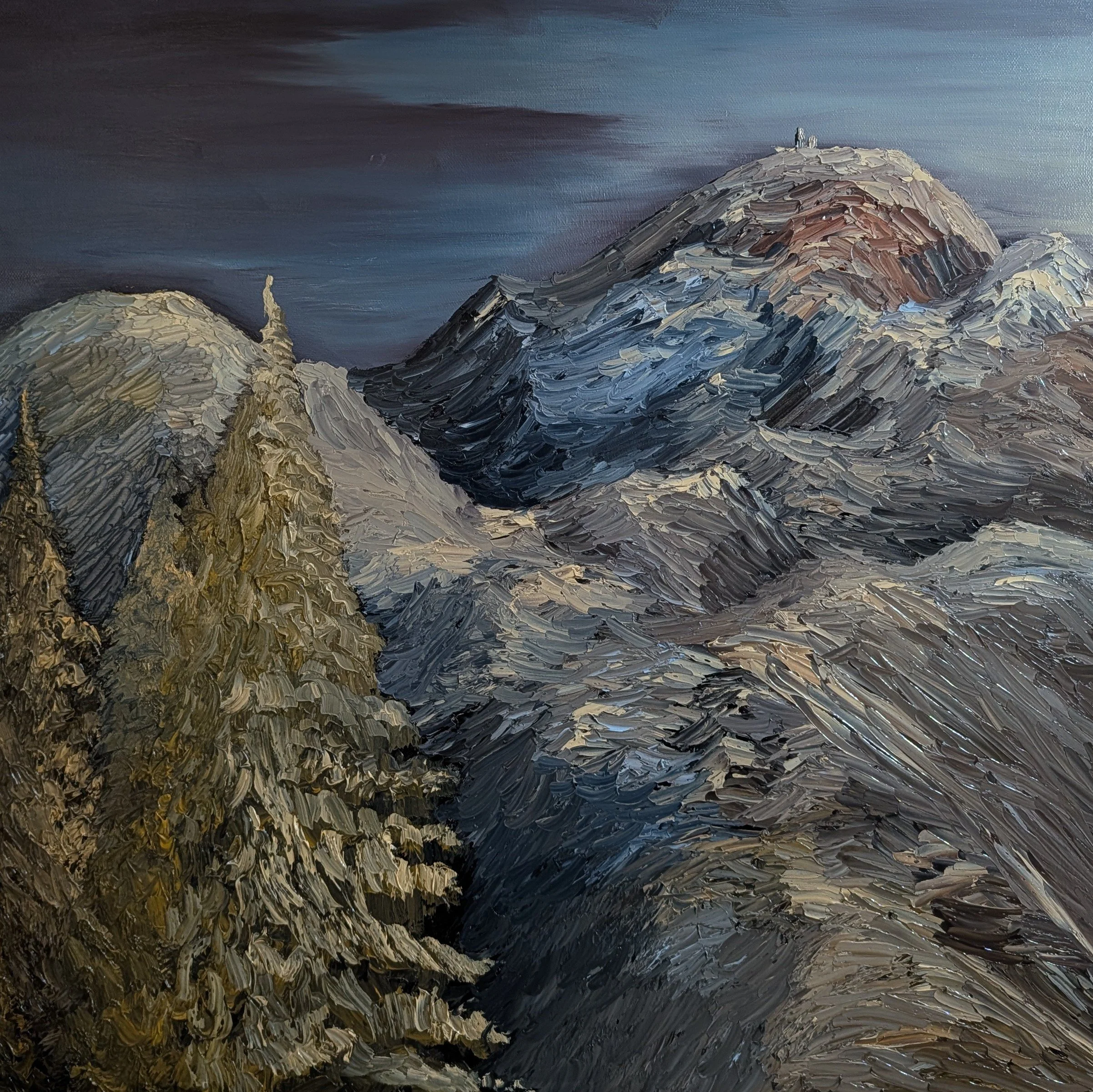 Oil painting of a mountain landscape with snow-capped peaks and a dark, cloudy sky.