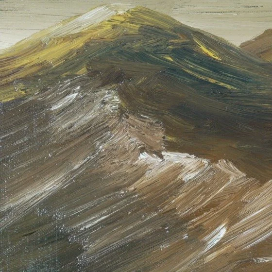Close-up of palette knife strokes on a mountain ridge, rust-brown and olive paint with cream streaks and gold highlights