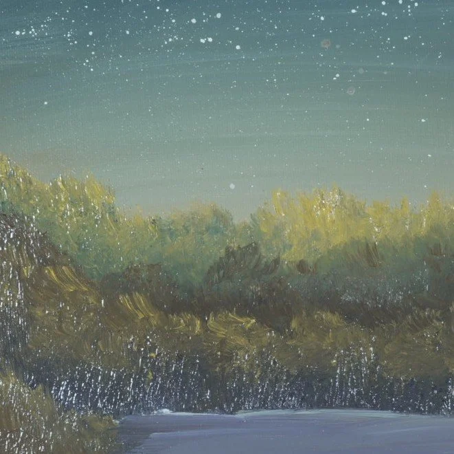 Close-up of textured treeline and stars in First Stars Over the Cove