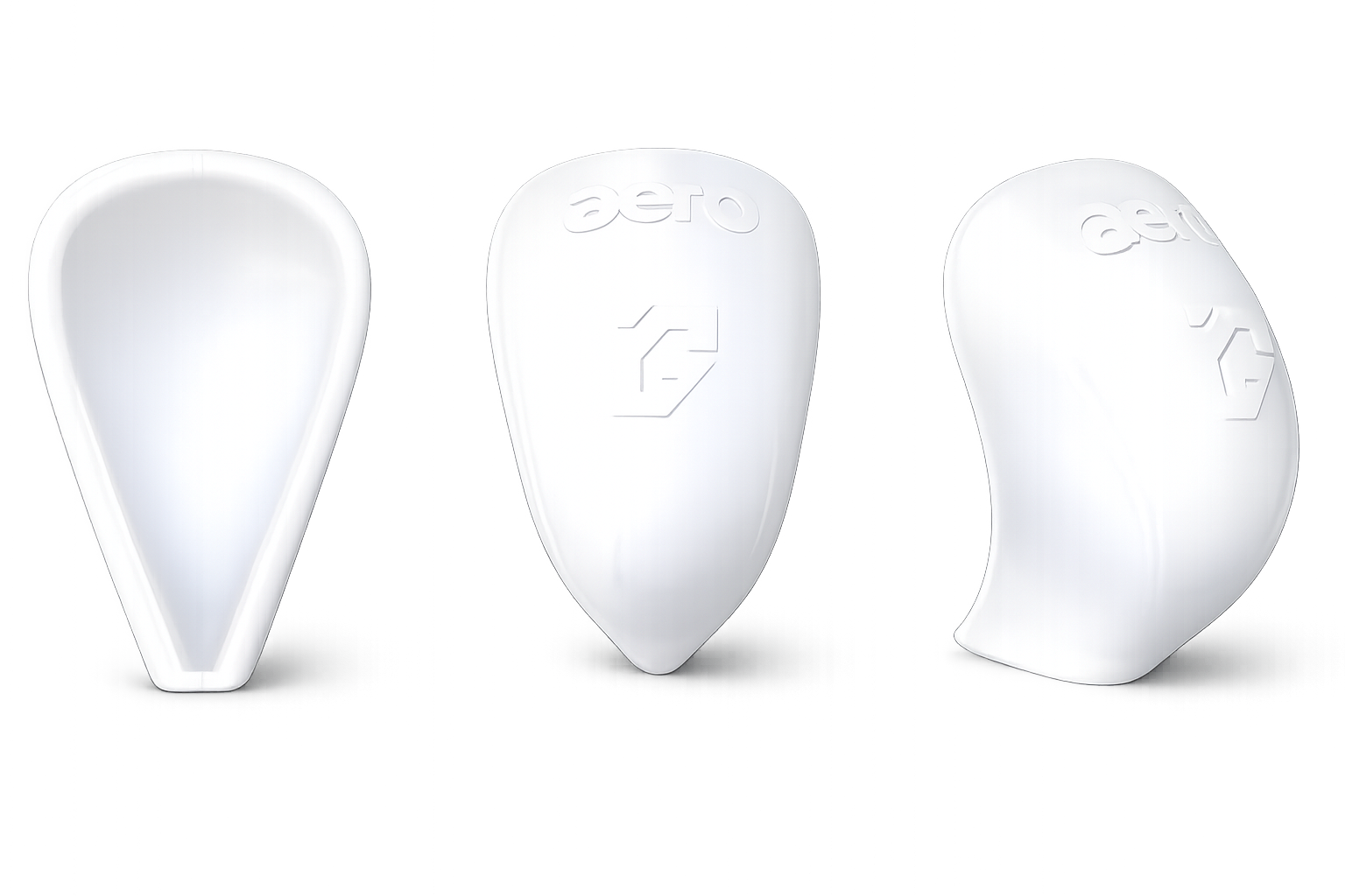 Three white Aero egg-shaped wireless earbuds case with Aero logo, shown from front, back, and side views.