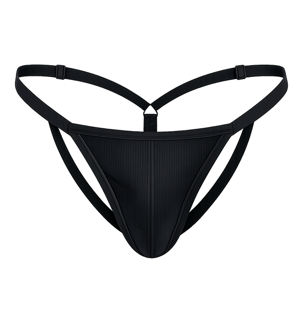 Black men's thong underwear with straps and a textured fabric front.