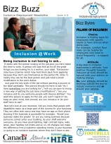 Newsletter titled 'Bizz Buzz' with an article about inclusion at work, featuring images of a person speaking into a microphone during a presentation, and an advertisement section.