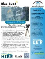 A flyer titled 'Bizz Buzz' promoting inclusive employment and inclusion at work, featuring text about behind the scenes activities, and logos of organizations like HIRE, Canada, and I.E.P.