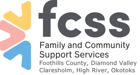 Logo for Family and Community Support Services (FCSS) featuring a multicolored abstract shape and text