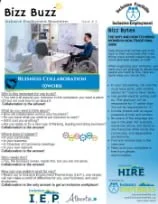 A newsletter from Bizz Buzz highlighting a business collaboration event with a photo of a person working at a desk.
