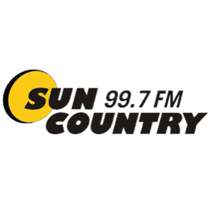 Logo for Sun Country 99.7 FM radio station with yellow and black design.