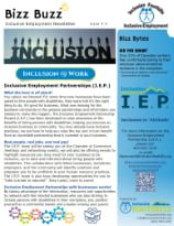 Flyer for Blue Bucs with information about inclusion and employment partnership program, featuring logos and text in blue, black, and white.
