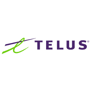 TELUS logo with a lime green stylized 'T' and purple text