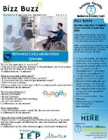 A flyer for a business collaboration workshop, featuring a person working on a laptop in a modern office setting.