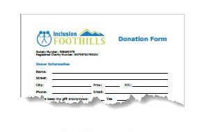 Donation form from Inclusion for FootHills charity with fields for name, address, phone, email, and donation amount.
