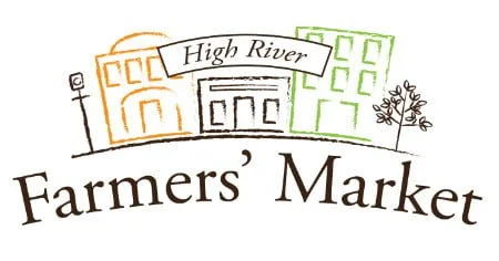 Logo for High River Farmers' Market featuring stylized buildings in orange, black, and green, with a tree and a banner.that reads 'High River'.
