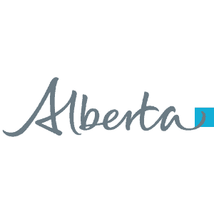 Alberta logo with stylized text and a blue wave symbol