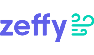 Logo with the word 'zeffy' in purple and teal colors, featuring a stylized teal wave or swirl to the right of the text.