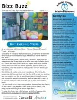 Newsletter page with colorful balloons and a blue background. Contains headlines about inclusion and diversity, with sections discussing topics related to education and community events.