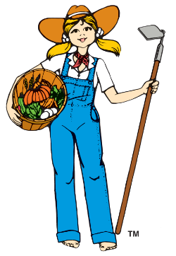 Cartoon depiction of a young girl dressed as a gardener, wearing overalls, a headband, holding a basket of vegetables, and a gardening tool.