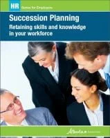 Book cover titled 'Succession Planning: Retaining skills and knowledge in your workforce' featuring three business professionals in conversation.
