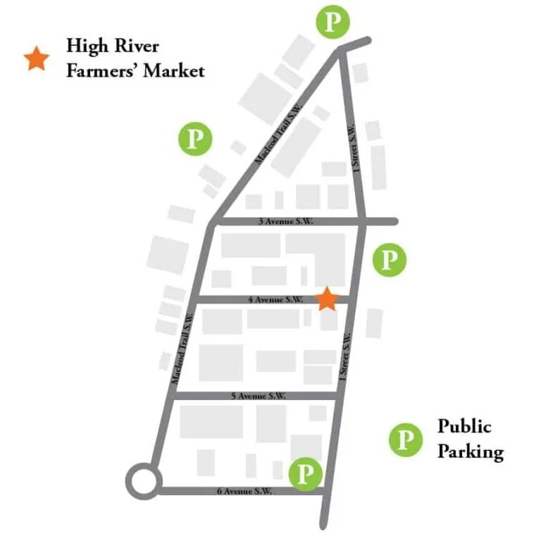 Map showing parking locations and streets for High River Farmers Market. Streets include Madelena Trail SW, 3rd Avenue SW, 4th Avenue SW, 5th Avenue SW, and 6th Avenue SW, with marked public parking spots and a designated market location at 4th Avenue SW.