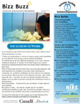 Newsletter titled 'Inclusion at Work' with a header featuring the Bizz Buzz logo, an image of a person working at a desk, and text discussing workplace inclusion for people with disabilities.