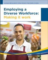 Cover of a publication titled 'Employing a Diverse Workforce: Making It Work' featuring a smiling man in a red apron holding vegetables.