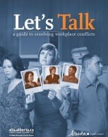 Book cover titled 'Let's Talk: a guide to resolving workplace conflicts' with images of diverse people in discussion.