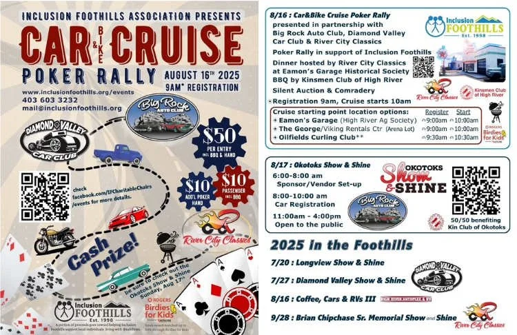 Event poster for the Car Cruise Poker Rally on August 16th, 2025, at Inclusion Foothills with registration at 8 am. Features a cash prize, details on entry fee, and vehicle categories. Also lists schedule for the Okotoks Show & Shine on August 17th and upcoming events in 2025.