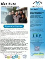 A flyer titled 'Bizz Buzz' features a group of five diverse smiling individuals standing outdoors. The flyer includes information in blue and black text about inclusive work programs, an organization named I.E.P., and details about employment and community services.