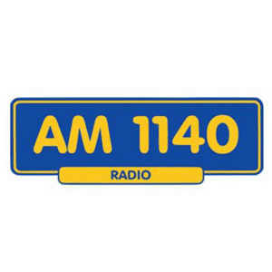 A blue and yellow radio station sign displaying 'AM 1140' with the word 'RADIO' at the bottom.