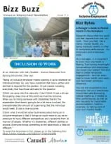 A newsletter page with the title 'Bizz Buzz' promoting inclusive work environments, featuring a blue and white color scheme, a photo of a person working at a desk with sunlight coming through a window, and sections of text discussing workplace inclusion and related topics.