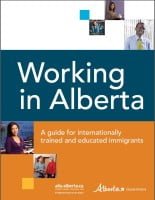 Book cover titled 'Working in Alberta: A guide for internationally trained and educated immigrants' with a blue and orange design.