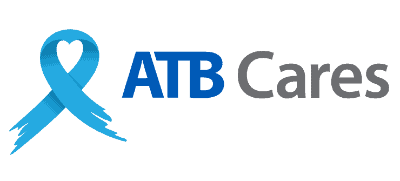 ATB Cares logo featuring a blue ribbon with a heart shape and the text 'ATB Cares'.