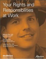 Cover of a publication titled 'Your Rights and Responsibilities at Work,' featuring a smiling woman wearing a hat.
