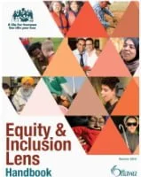 Cover of the Equity & Inclusion Lens Handbook featuring geometric shapes and photos of diverse individuals.