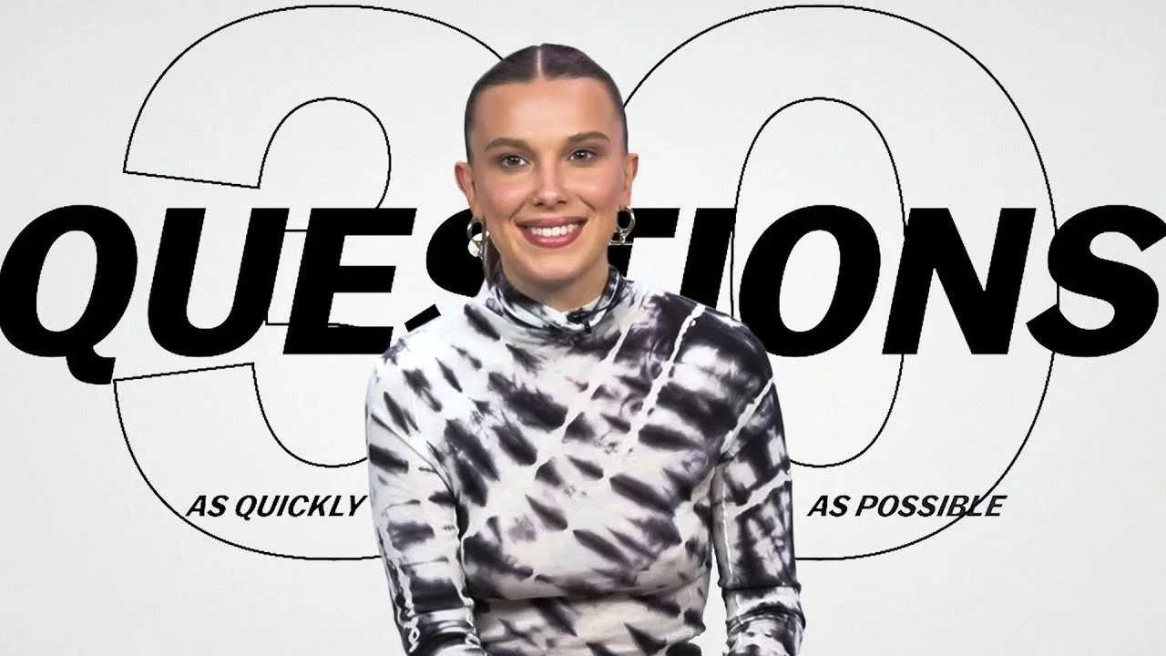 A woman smiling in front of a background that says 'Questions' with a large question mark and text 'As quickly as possible'.