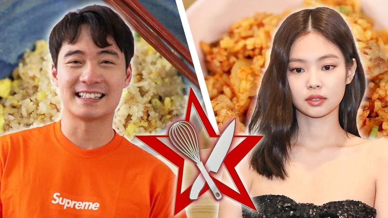 A split image showing a man on the left smiling, wearing an orange Supreme shirt, with fried rice in the background. On the right, a woman with long dark hair, wearing a black strapless top, with fried rice in the background. In the center, there is a red star with crossed kitchen utensils.