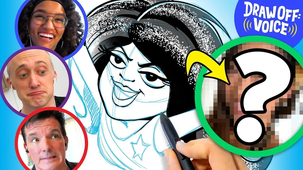 Thumbnail of a video featuring a cartoon drawing of a woman with black hair and a star on her shirt, surrounded by three reaction images of people with different facial expressions, and a pixelated face with a large question mark and arrows pointing 