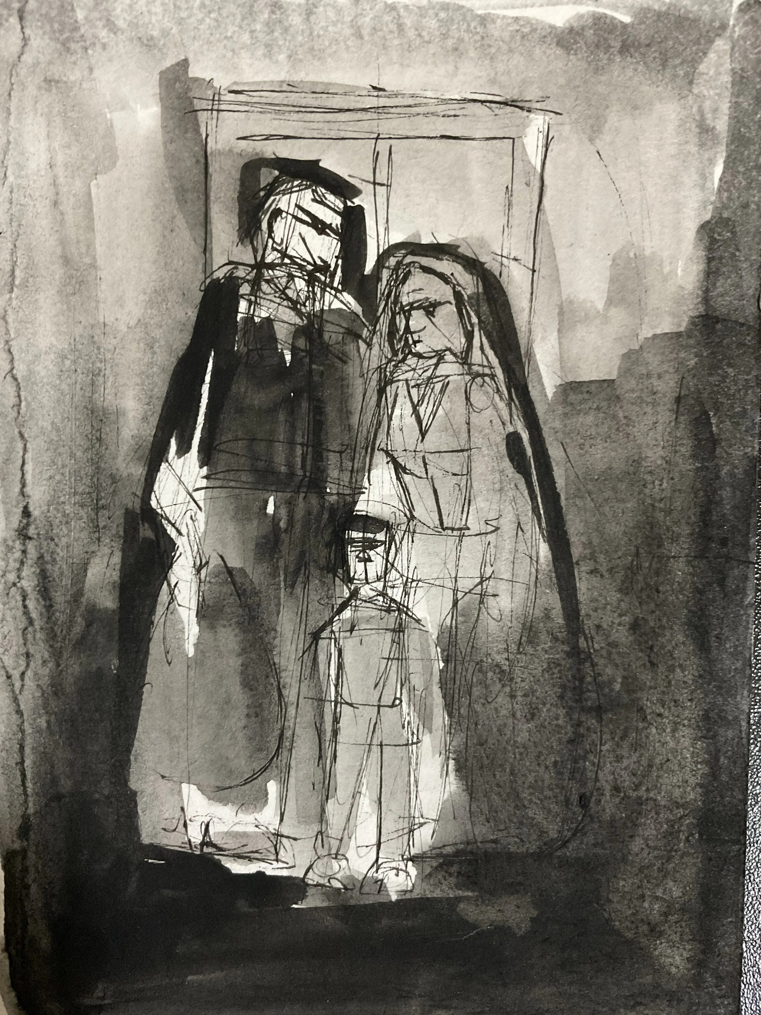 Composition sketch for "Heroes of the Past", ink and watercolor on paper, 2026