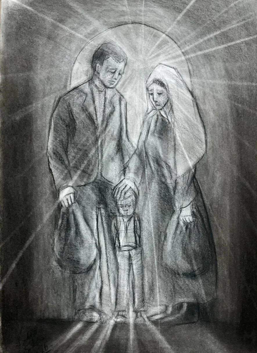 "Heroes of the Past", charcoal pencil on paper, 2026. The artwork depicts a man and a woman, both dressed in typical Portuguese attire, newly arrived in Brazil. They are inspired by my grandparents, Augusto and Victória. The expression on their faces