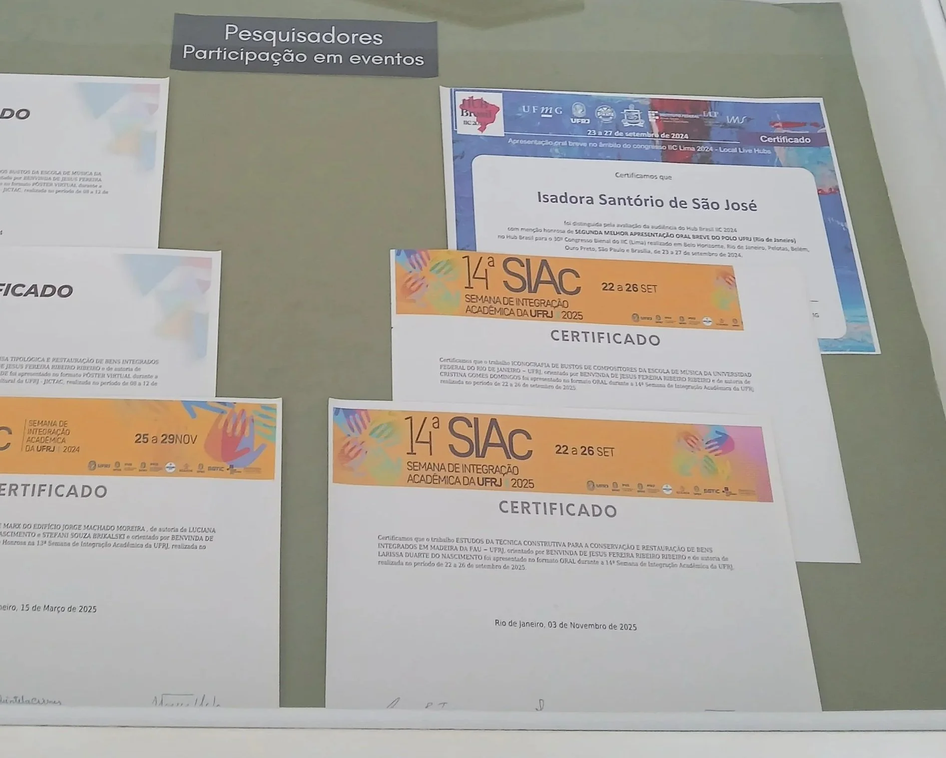 Certificate of Honourable Mention that I won for my work "Data collection of the busts at the UFRJ School of Music: tradition aligned with 3D technology" at the 30th Biennial Congress of the IIC (UTEC - Lima, Peru). The certificate was displayed alon