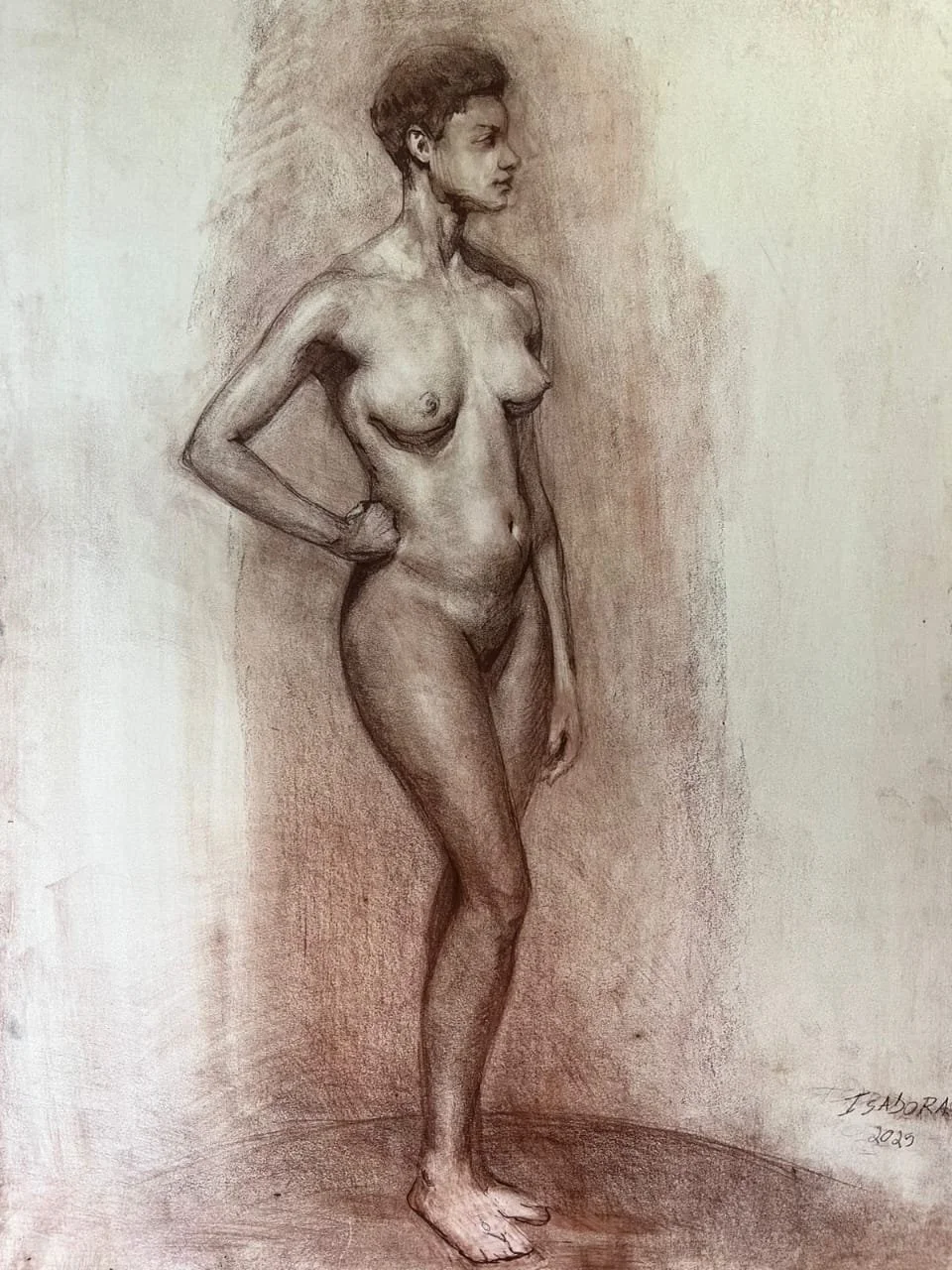 Result of the second workshop on drawing with a live model, sepia on casein, 50 x 70 cm, 2025.