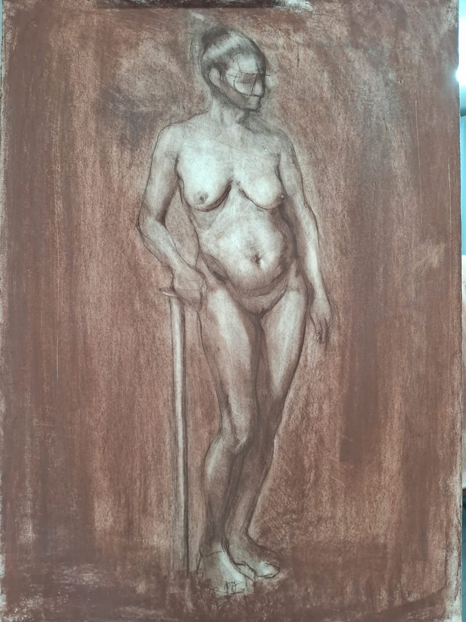 Result of the first life drawing workshop. Sepia on casein, 50 x 70 cm, 2024.
