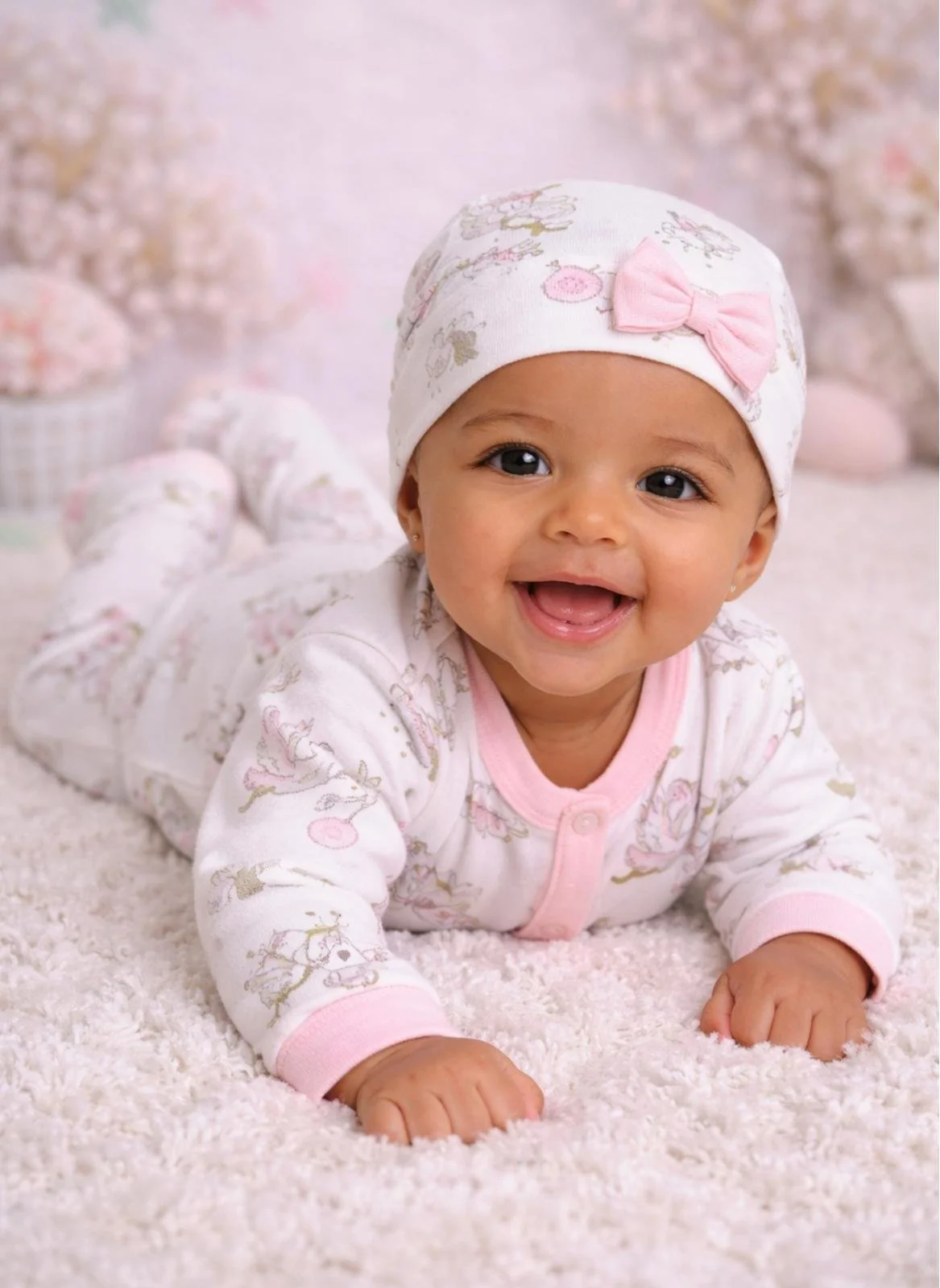 A smiling baby girl with big brown eyes crawling on a soft white fluffy carpet, wearing a pastel pink and white floral onesie with pink trim and a matching hat with a pink bow, in a light pink decorated nursery.