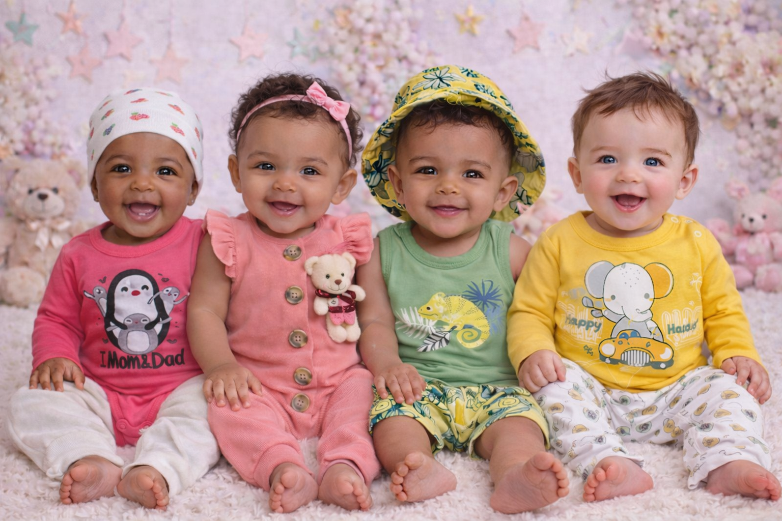 Four babies sitting together on a fluffy white surface with a pastel pink, purple, and white floral background, smiling and looking at the camera, dressed in colorful outfits with playful patterns and accessories, with plush teddy bears behind them.
