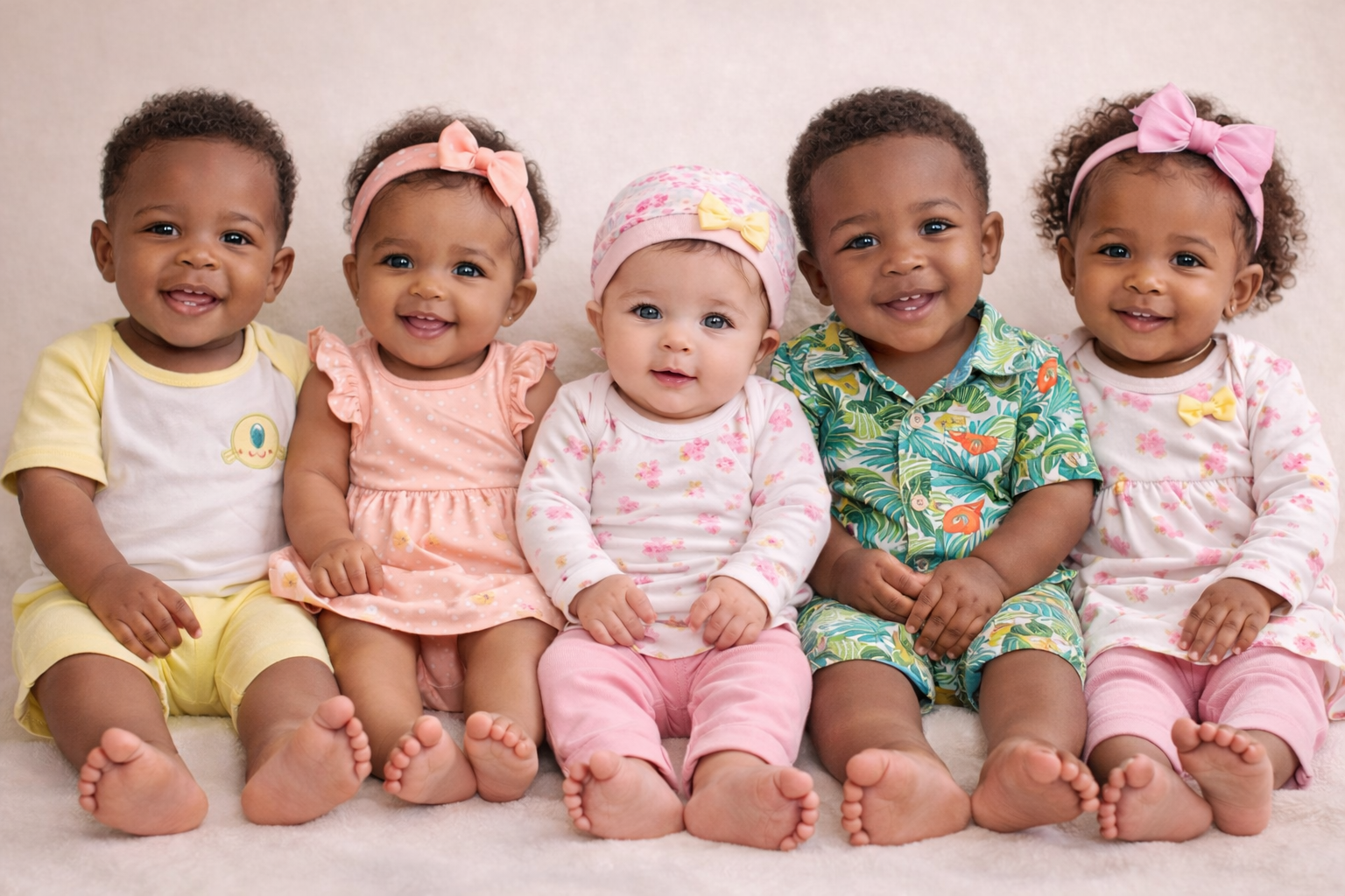 Six diverse infants sitting on a white surface smiling at the camera, wearing colorful outfits and headbands.