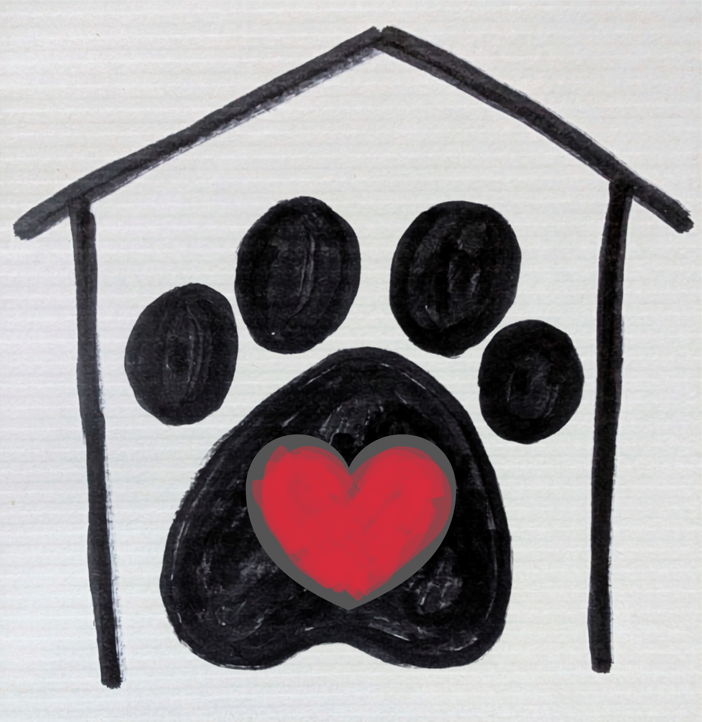 Hand-drawn black dog paw print inside a house outline with a red heart shape in the center of the paw pad.