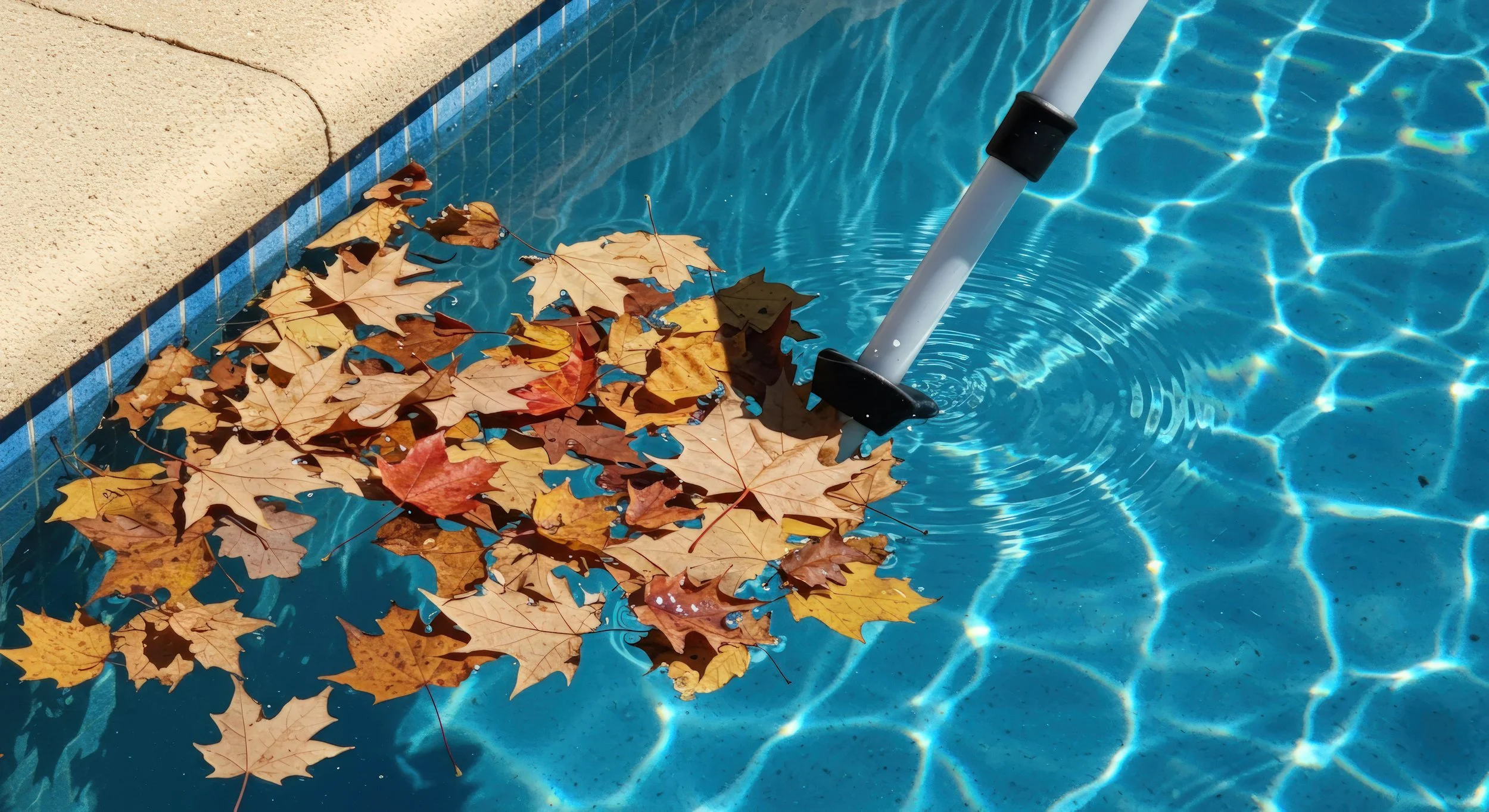 Autumn leaves collected at the edge of a swimming pool with a pool skimmer net resting in the water.
