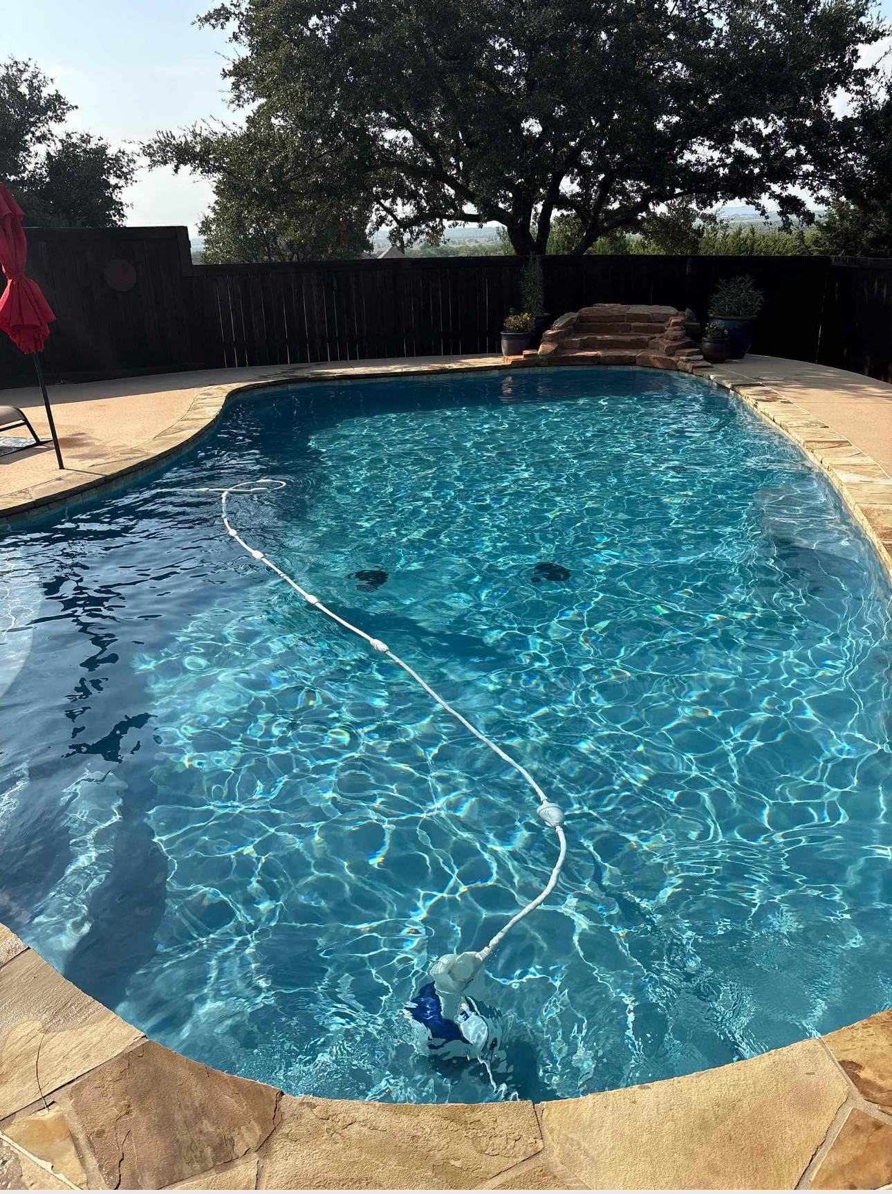 Clean, blue swimming pool with a robotic pool cleaner submerged and floating in the water. The pool is surrounded by a stone deck, with a red umbrella and a black lounge chair on the left, a black fence, trees, and potted plants in the background.