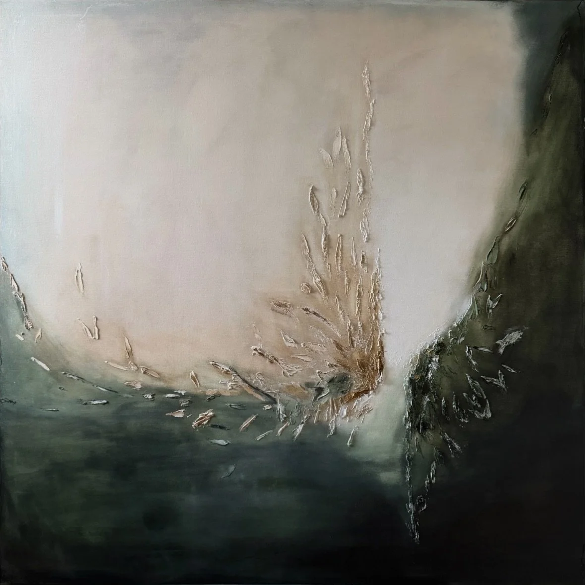 A painting showing the outline of a silver chain, set against a dark background.